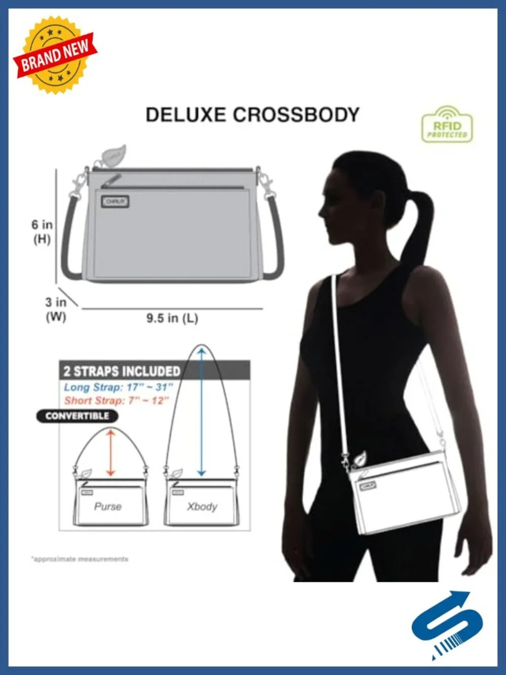 RFID Protected Vegan Leather Deluxe Crossbody Bag with Adjustable Straps